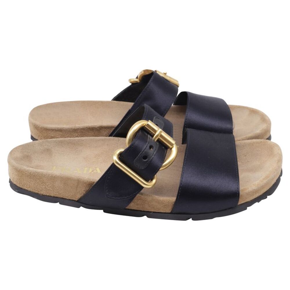 Prada Double-Strap Slide Sandals in Black Satin